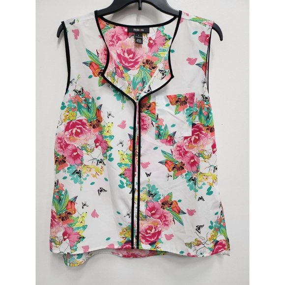 Style & Co. Tops - Style & Co Women Sleeveless Blouse Large White Plink Floral Popover Top